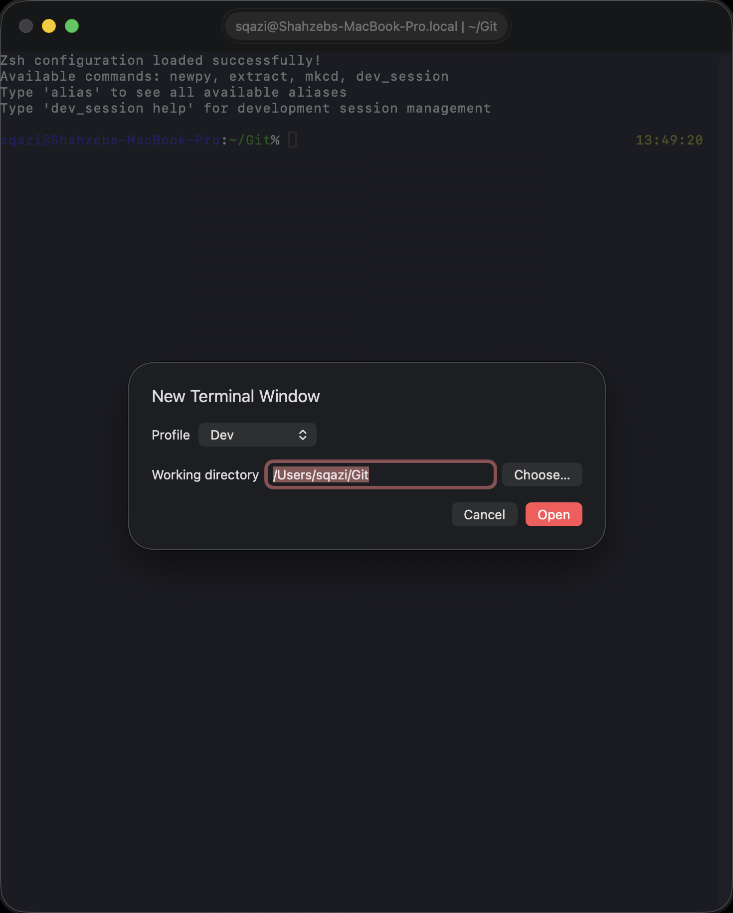 New window sheet for choosing profile and working directory