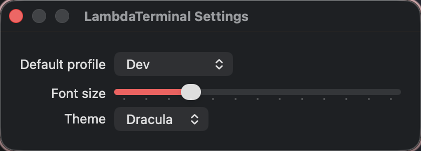 Settings panel for default profile, font size, and Dracula theme preset