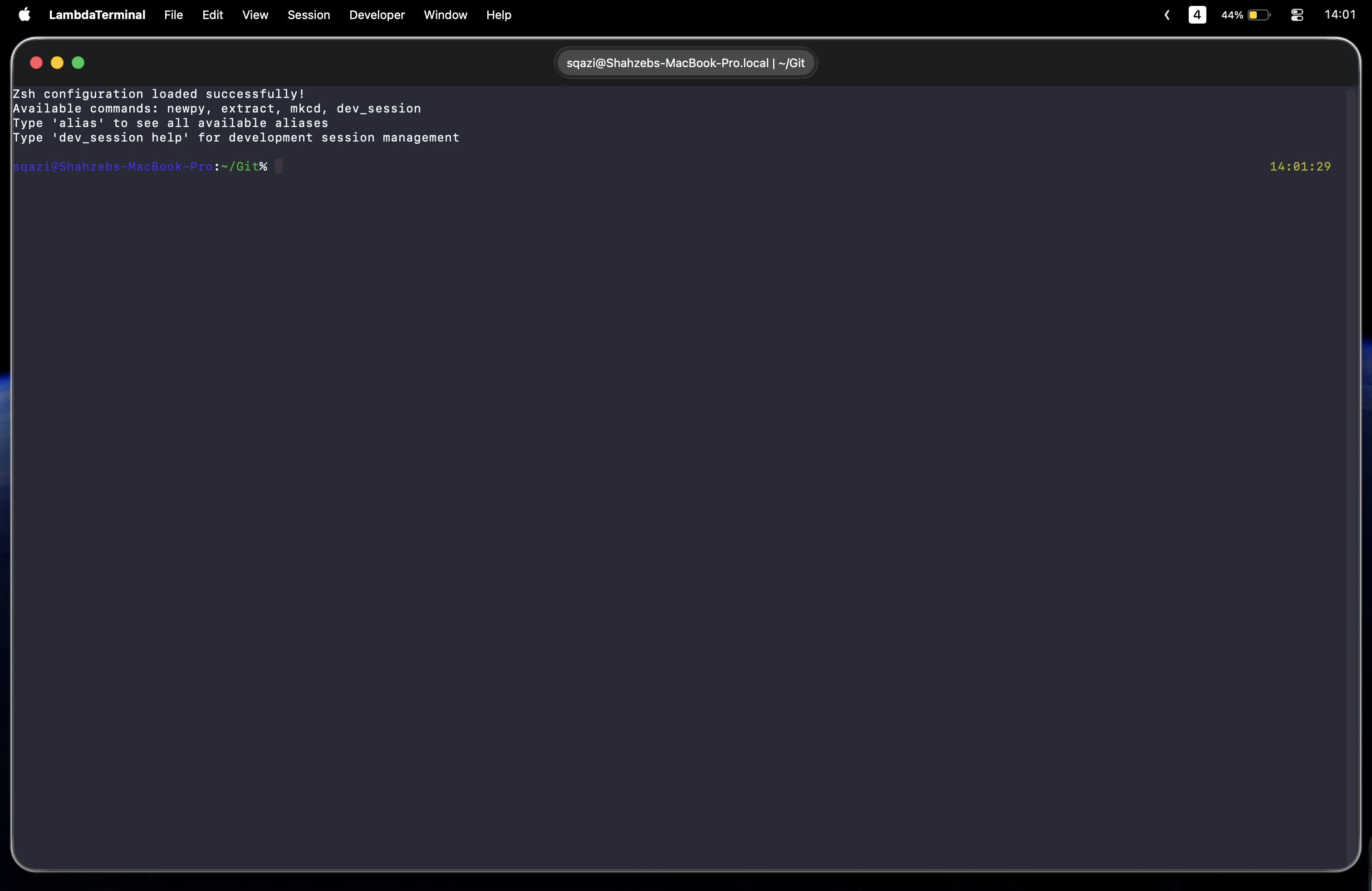 λ Terminal with macOS menu bar showing Session and Developer menus